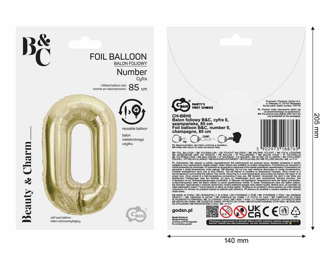 Foil balloon B&C, number 0, champagne, 85 cm